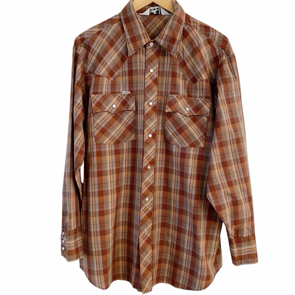 80's CHUTE #1 Cowboy Shirt Western Brown PLAID Pearl Snap ROCKABILLY Size XL